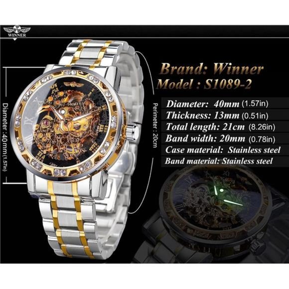 Retro Manual Mechanical Skeleton Watch with Diamond & Carving Flower,SilverBlack - Picture 6 of 6